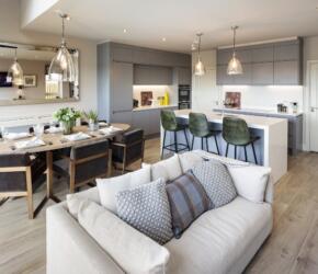 Valley White Quartz Worktop, Wall Cladding, Mitred End Gables & 60mm Mitred Downstands on Island